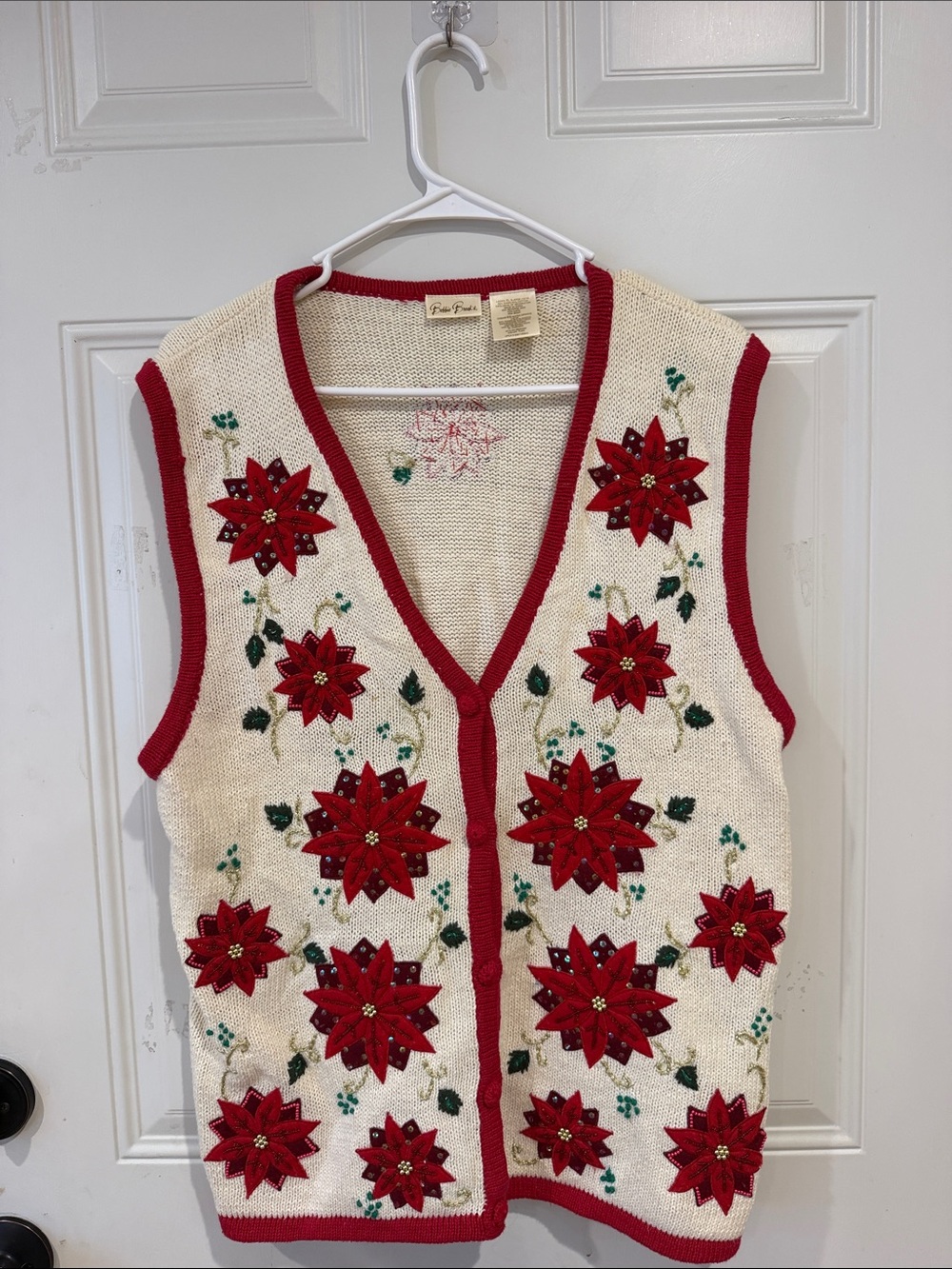 Bobbie Brooks Cream Sleeveless Sweater Vest with Red Poinsettia Embroidery